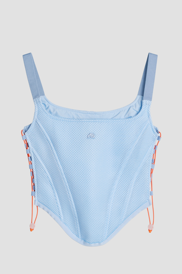 blue corset with orange lace-up details at sides