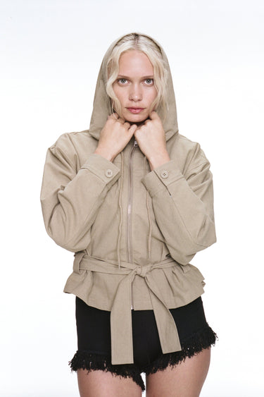 tan linen hooded jacket with waist tie