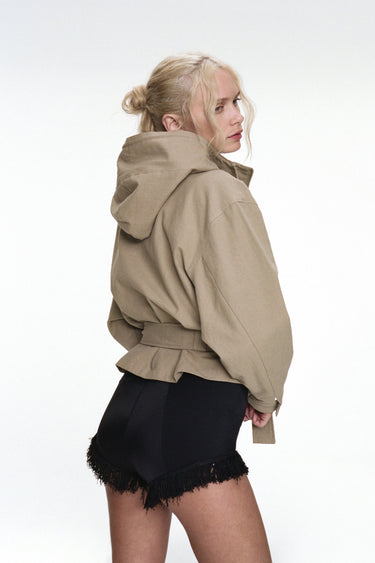 tan linen hooded jacket with waist tie