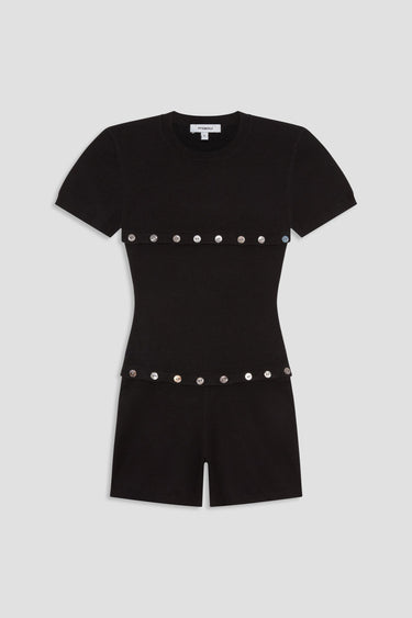 black shortsleeve knit romper with mother of pearl buttons at bust and waist