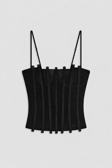 spaghetti strap corset with sheer mesh boned paneling and demi cups