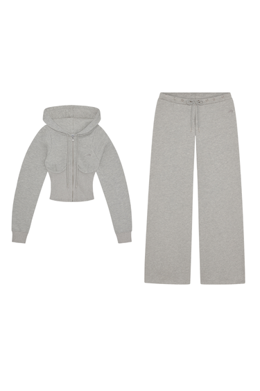 grey corseted hoodie and low rise wide leg sweatpants