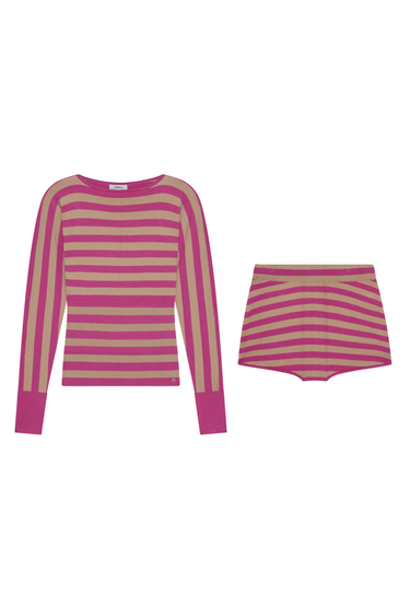 nude-and-pink striped long sleeve sweater and nude-and-pink striped booty short