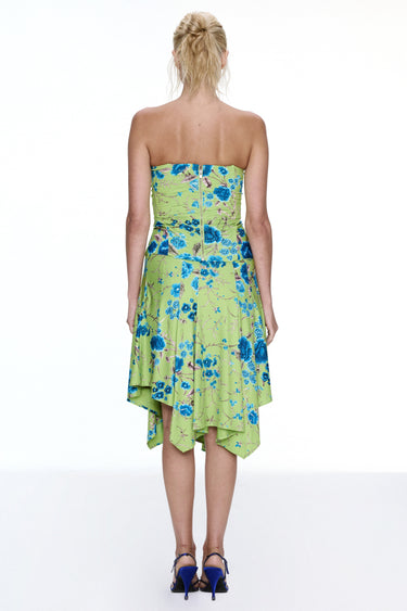 green handkerchief midi skirt with blue floral print