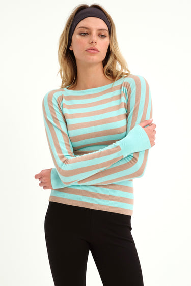 nude-and-turquoise striped long sleeve knit sweater with turquoise cuffs