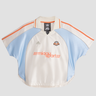 white adidas jersey with miaou sport written on chest and blue and orange accents