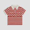 short sleeve polo button-up shirt with white collar and red, white, and black stripes 