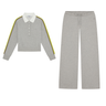 grey fleece polo and sweatpants