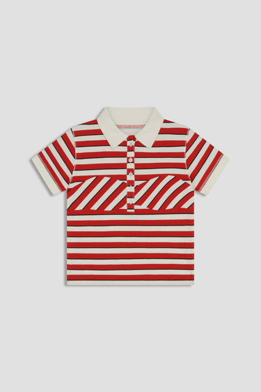 short sleeve polo button-up shirt with white collar and red, white, and black stripes 