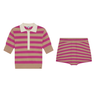 nude-and-pink striped polo with white collar and nude-and-pink striped booty short