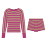 nude-and-pink striped long sleeve sweater and nude-and-pink striped booty short