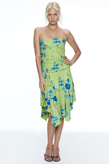 green handkerchief midi skirt with blue floral print