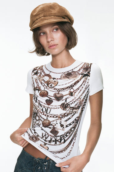 white shortsleeve tshirt with layered necklace print