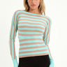 nude-and-turquoise striped long sleeve knit sweater with turquoise cuffs