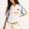 white adidas jersey with miaou sport written on chest and blue and orange accents